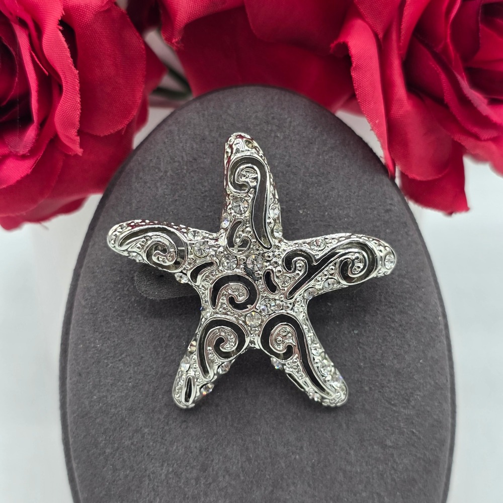 Silver Tone Rhinestone Starfish Brooch Nautical Filigree Sea Star Pin 2 Inch